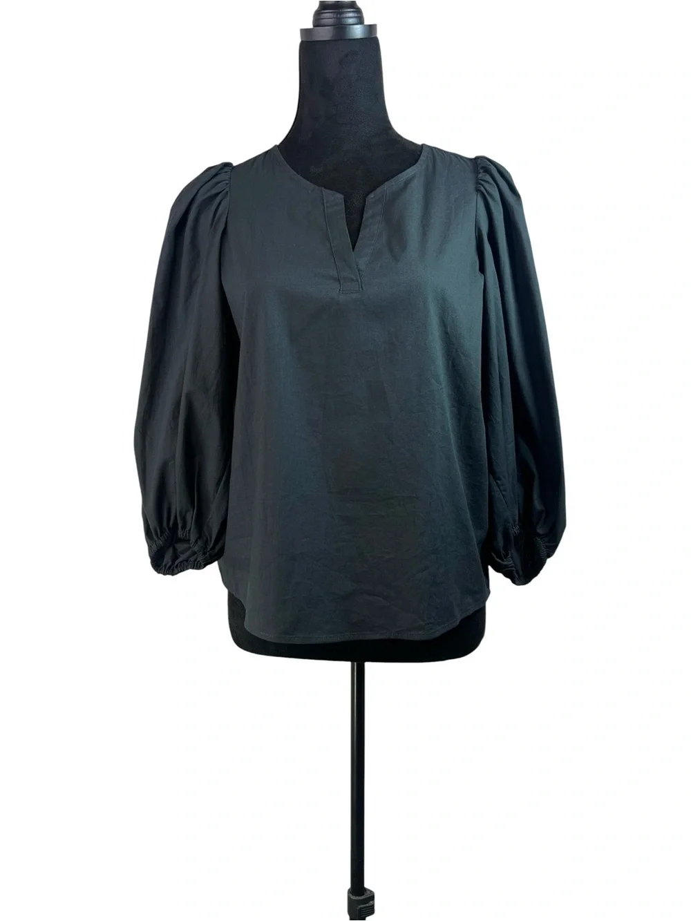Banana Republic Black Cotton Poplin V Split-Neck Top Puff Sleeve Size XS NWT